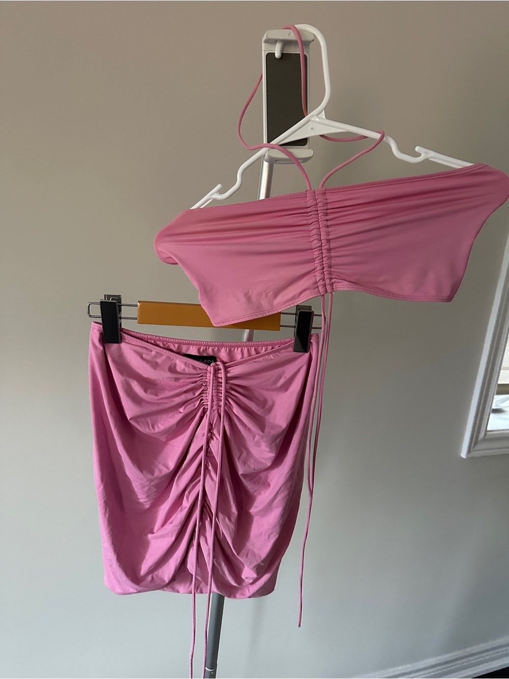 White Fox Boutique Pink Ruched Two Piece Cutout Mini Skirt Set - Picture 2 of 6